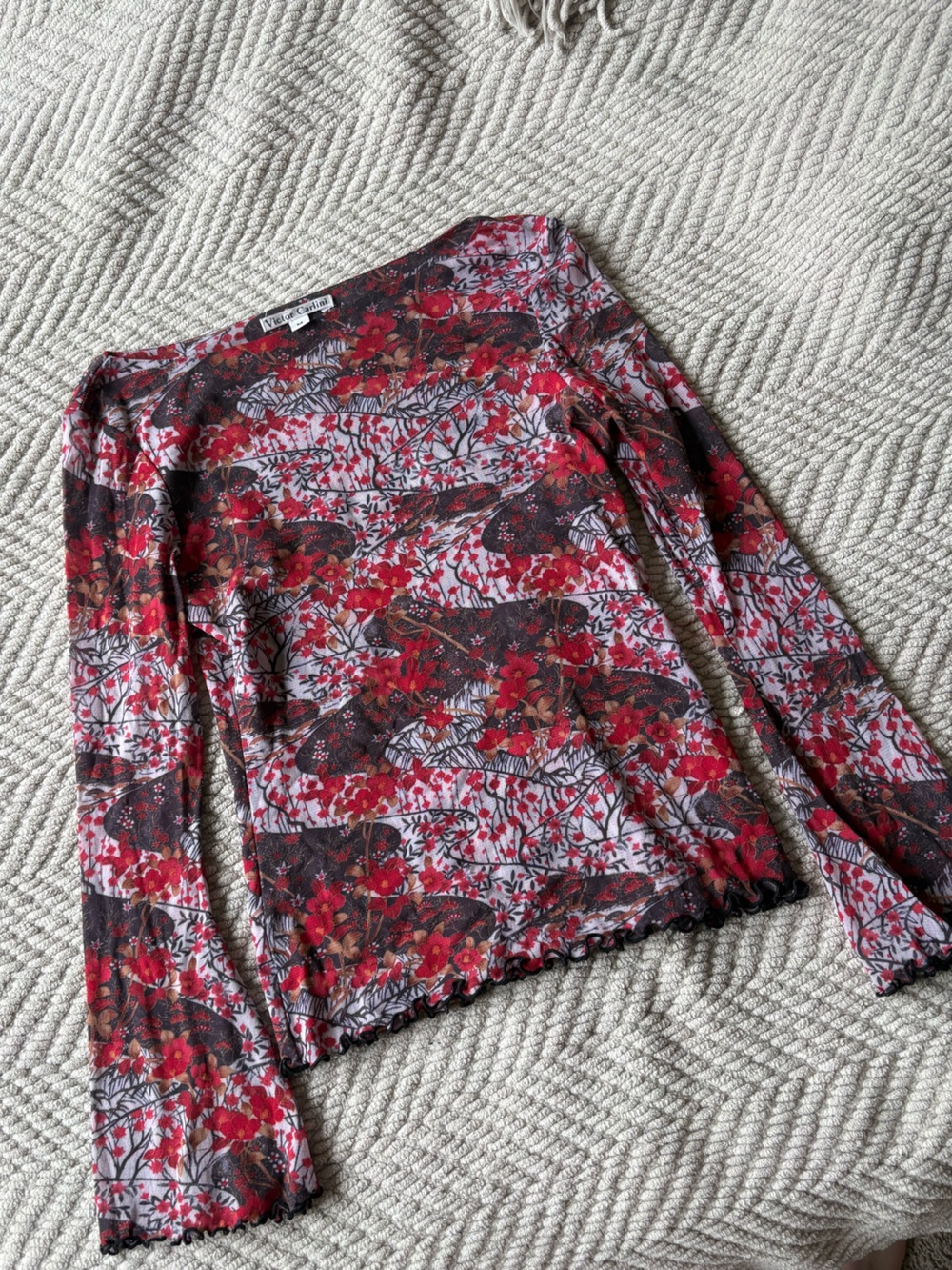 Floral Sheer Long-Sleeve Mesh Top - Red